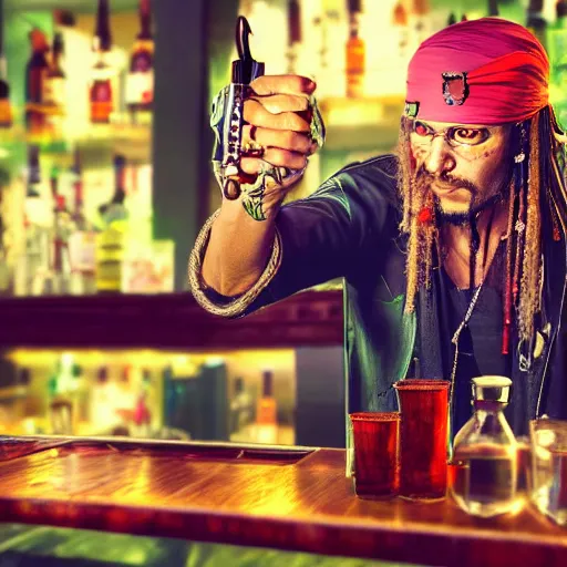 Image similar to a high quality portrait of a pirate bartender in a cyberpunk cyberpunk cyberpunk cafe, realism, 8k, award winning photo