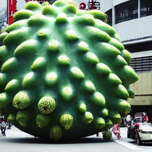 Image similar to giant cactus monster in tokyo city throws watermelons