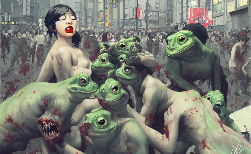 Image similar to zombie human frogs riots in the streets of tokyo, digital painting, masterpiece, by ilya kuvshinov, by frank frazetta, by mbius, by reiq, by hayao miyazaki