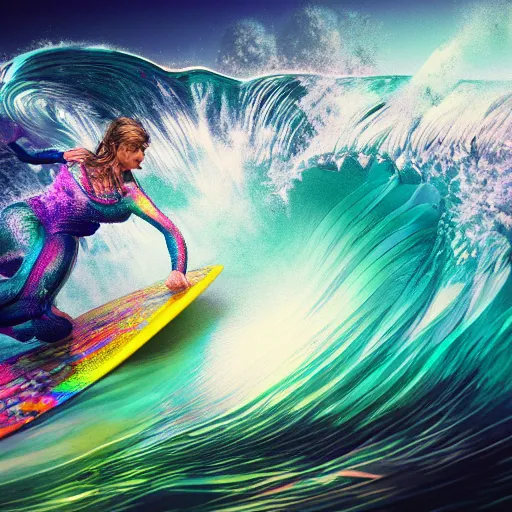 Image similar to surfing on multicolor waves, digital art, cosmic, 3 d high definition, trending on art station, photorealistic, high resolution, v 8 k, octane, hyper detailed, insane details, intricate, elite, ornate, elegant trend, highly detailed and intricate, sharp focus, photography, unreal engine