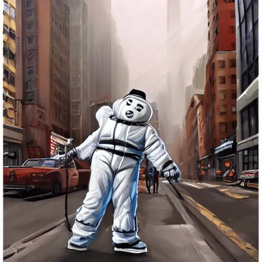 Image similar to the ghostbusters marshmallow man wearing timberlands and a yankee hat smoking a joint walking threw new york city, highly detailed portrait, digital painting, artstation, concept art, smooth, sharp foccus ilustration, artstation hq