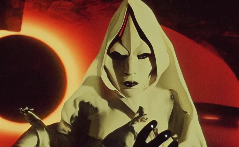 Image similar to screenshot portrait of female sith lord, on a planet of maelstrom, chaos, the world without form and void, 1970s film by Stanley Kubrick, iconic scene, HR Geiger design, stunning cinematography, hyper-detailed, sharp, anamorphic lenses, kodak color, 4k, stunning