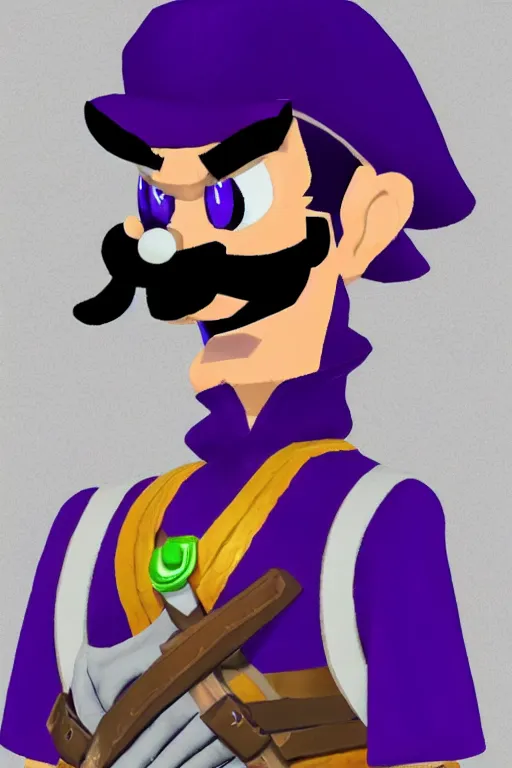 Image similar to an in game portrait of waluigi from the legend of zelda breath of the wild, breath of the wild art style.