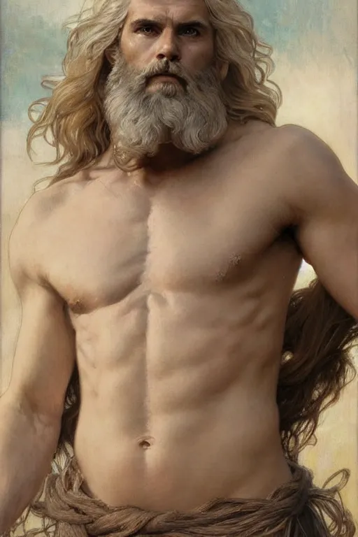 Image similar to painted portrait of rugged zeus, god of thunder, greek god, white hair, masculine, powerful, handsome, opulent, upper body, white robe, muscular, hairy torso, fantasy, intricate, elegant, highly detailed, digital painting, artstation, concept art, smooth, sharp focus, illustration, art by gaston bussiere and alphonse mucha