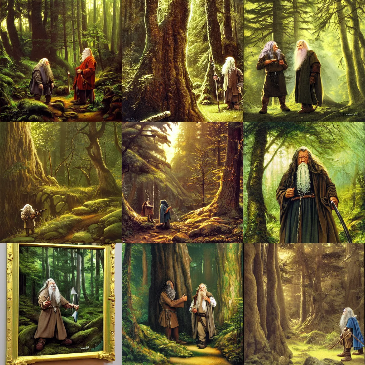 Prompt: dwarf meets gandalf in the forest painted by brothers hildebrandt