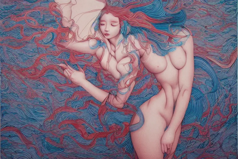 Image similar to Lee Jin-Eun by James Jean, rule of thirds, seductive look, beautiful, in flowy multiversal electrifying waters
