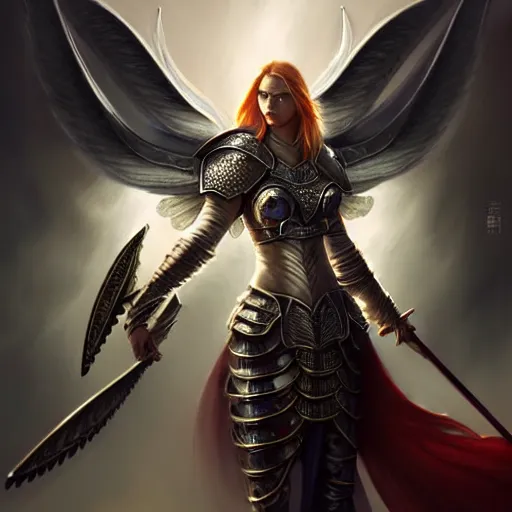 Prompt: an epic portrait of a tall female warrior with massive plate armour, very detailed face by Stanley Artgerm Lau, Diego Gisbert Llorens, Mark Brooks, Charlie Bowater, no helmet, big white glowing wings, long red hair, very detailed face, insanely detailed and intricate, vivid and vibrant, highly detailed, cinematic lighting, concept art, artstation