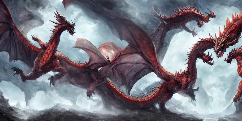 Prompt: battle between two dragons in a giant ravine, digital painting, trending on artstation