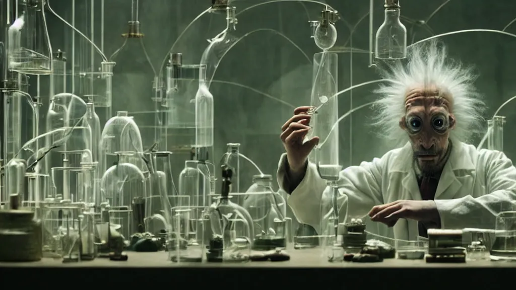 Image similar to a mad scientist in his lab, creates a creature, film still from the movie directed by denis villeneuve and david cronenberg with art direction by salvador dali and agostino arrivabene, wide lens