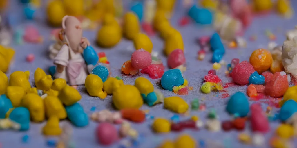 Image similar to a cinematic film still of a claymation stop motion film about a town made of lemons and candy, shallow depth of field, 8 0 mm, f 1. 8