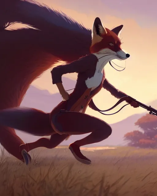 Prompt: a beautiful, dynamic illustration of an anthropomorphic fox - woman running while firing her winchester rifle, wild west theme, studio muti, greg rutkowski makoto shinkai takashi takeuch studio ghibli