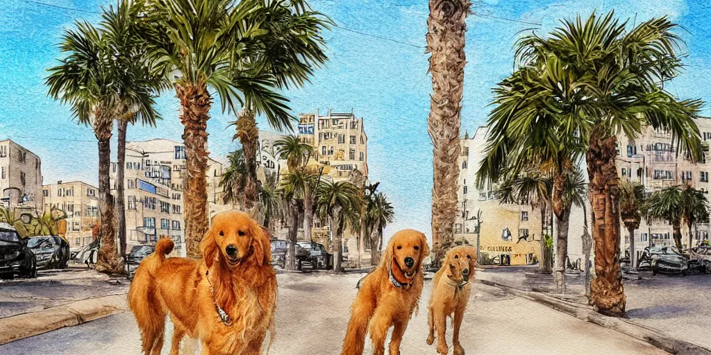 Image similar to golden retriever dog walking in tel aviv street looking at the camera. palm trees. sunset. high quality. digital art. watercolor. highly detailed. drawing. art. colorful. fluffy