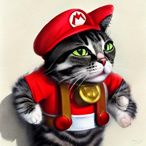 Image similar to Portrait of a Cat dressed as Super Mario, nintendo, highly detailed, digital painting, artstation, concept art, smooth, sharp focus, illustration, art by artgerm and greg rutkowski and alphonse mucha