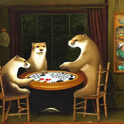 Prompt: otters playing poker by cassius marcellus coolidge