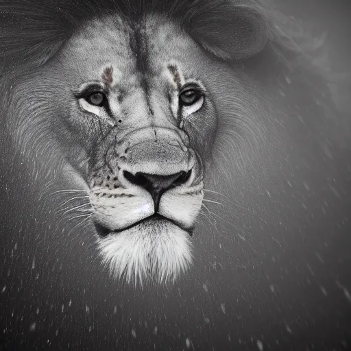 Image similar to a male lion's face breaching through a wave, stormy weather, ocean sprites, closeup of face, trending on artstation, dark lighting, face encircled by ocean wave