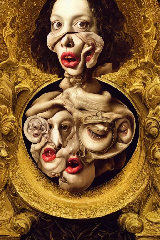 Image similar to Detailed maximalist portrait with large lips and with large wide eyes, surprised expression, surreal extra flesh , HD mixed media, 3D collage, highly detailed and intricate, illustration in the golden ratio, in the style of Caravaggio, dark art, baroque