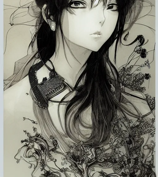 Image similar to portrait of anime woman, pen and ink, intricate line drawings, by wlop, claire wendling, kentaro miura, greg rutkowski, loundraw