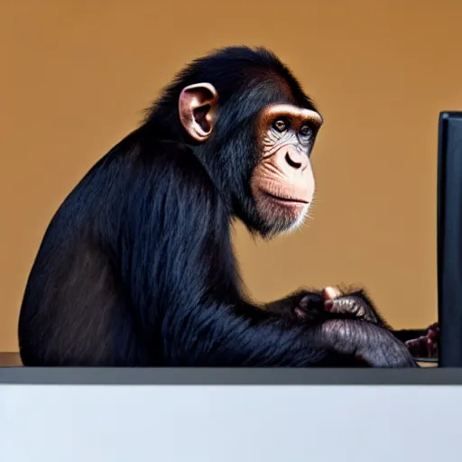 Prompt: chimp sitting at a desk with a crt monitor 📷