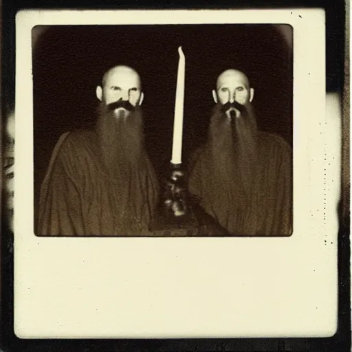 Prompt: trail _ camera _ photo _ of _ a _ breaton monks looking like rasputin with lit candles and a goat _ realistic _ spooky _ grimdark _ night _ black _ and _ white, polaroid
