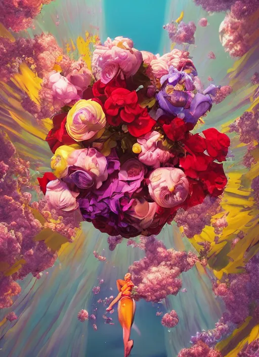 Image similar to An epic fantastic realism comic book style painting of the most beautiful flowers launched into space, bouquets, orbital,fisheye lens, unreal 5, DAZ, hyperrealistic, octane render, dynamic lighting