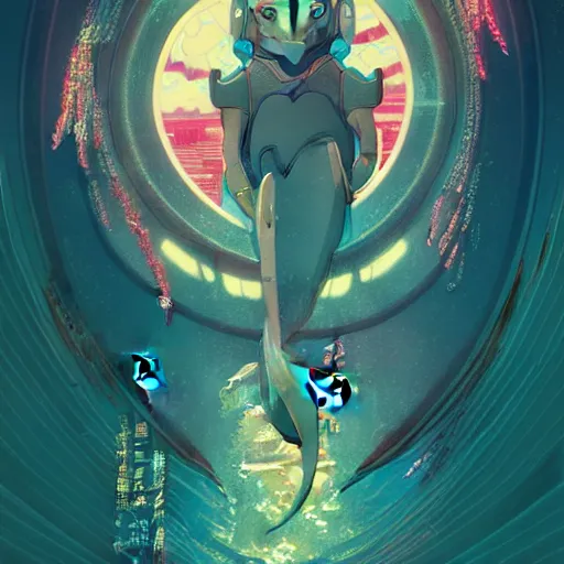 Image similar to a beautiful hyperdetailed character design 4 k wallpaper illustration of a cute dolphin, victo ngai cyberpunk style, from china, style of studio ghibli, makoto shinkai, raphael lacoste, louis comfort tiffany, artgerm, james jean, ross tran, chinese style