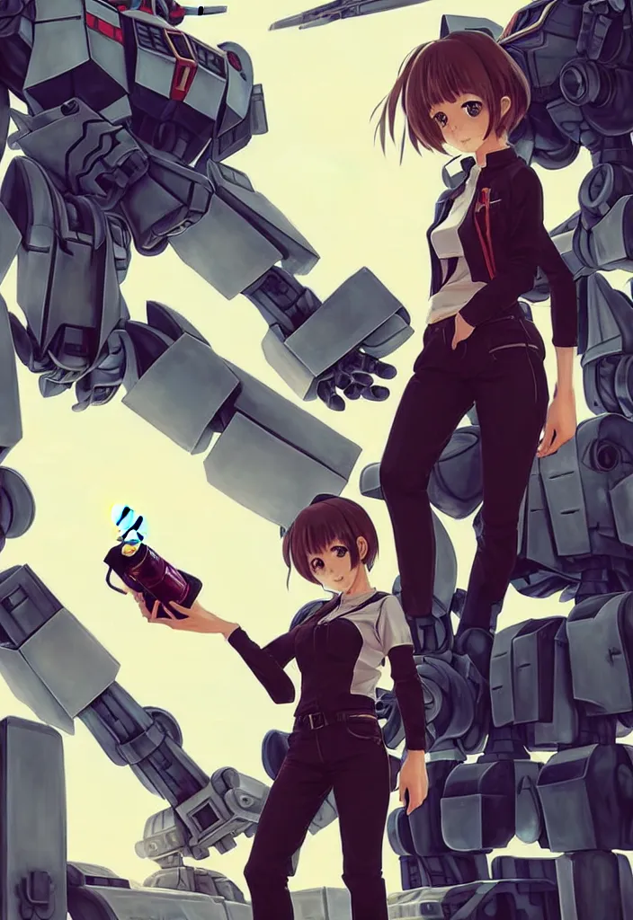 Prompt: beautiful full body portrait of one anime female with short hair, wearing mechanic clothing, in an abandoned warehouse mech repair facility standing in front of a gigantic gundam style mech, drinking soda, D&D, fantasy, intricate, elegant, highly detailed, digital painting, artstation, concept art, smooth, sharp focus, illustration, art by artgerm and WLOP and Krenz Cushart and greg rutkowski and alphonse mucha