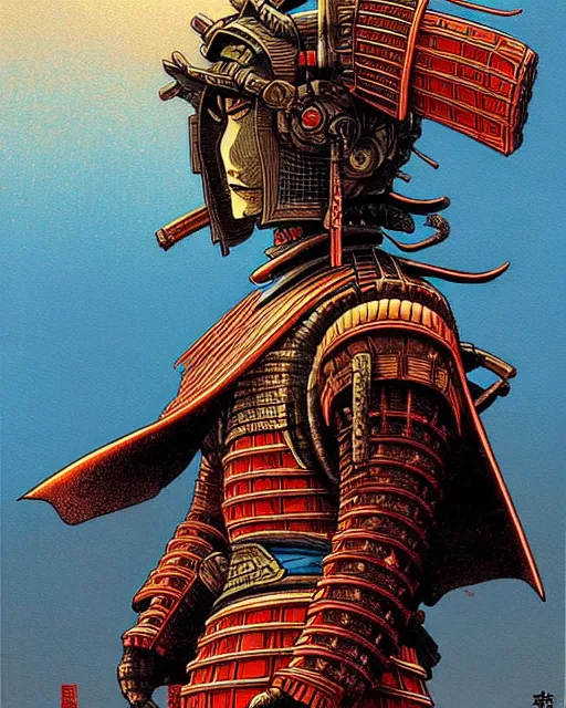 Image similar to anime samurai, character portrait, portrait, close up, concept art, intricate details, highly detailed, vintage sci - fi poster, in the style of chris foss, rodger dean, moebius, michael whelan, and gustave dore