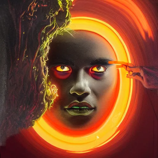 Image similar to olympian god starring into the camera, fixed eyes, flowing black coat with glowing neon orange trim, inside a museum, colorful, surreal, dramatic lighting, face, detailed, intricate, elegant, highly detailed, digital painting, artstation, chalk, concept art, smooth, sharp focus, illustration, art by sam spratt, dan mumford, artem demura and alphonse mucha