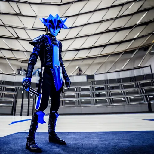 Image similar to low angle upper view of Austin Butler dressed in dark-blue-futuristic-baroque duelist-garb and carbon-armor, standing in an arena, XF IQ4, f/1.4, ISO 200, 1/160s, 8K, RAW, unedited, symmetrical balance, face in-frame