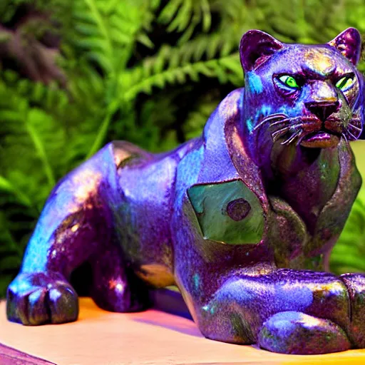 Prompt: Emerald Jaguar sculpture with glowing purple eyes