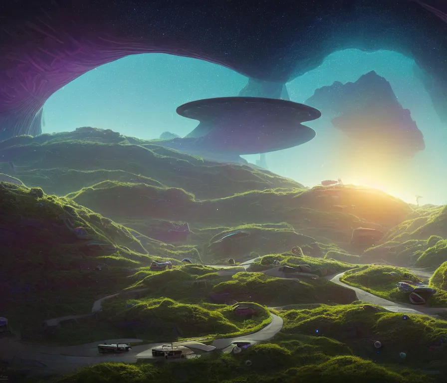 Image similar to O'Neill cylinder colony Stanford torus, view of villages, hills, forest, rivers. Space colony, inside view, octane rendering, humanity's cosmic future, stellar sky, cinematic, hyperdetailed, photorealistic, hyperrealism, octane rendering, 8k, depth of field, bokeh, masterpiece, fantastic art by Simon Stalenhag, Jakub Rozalski
