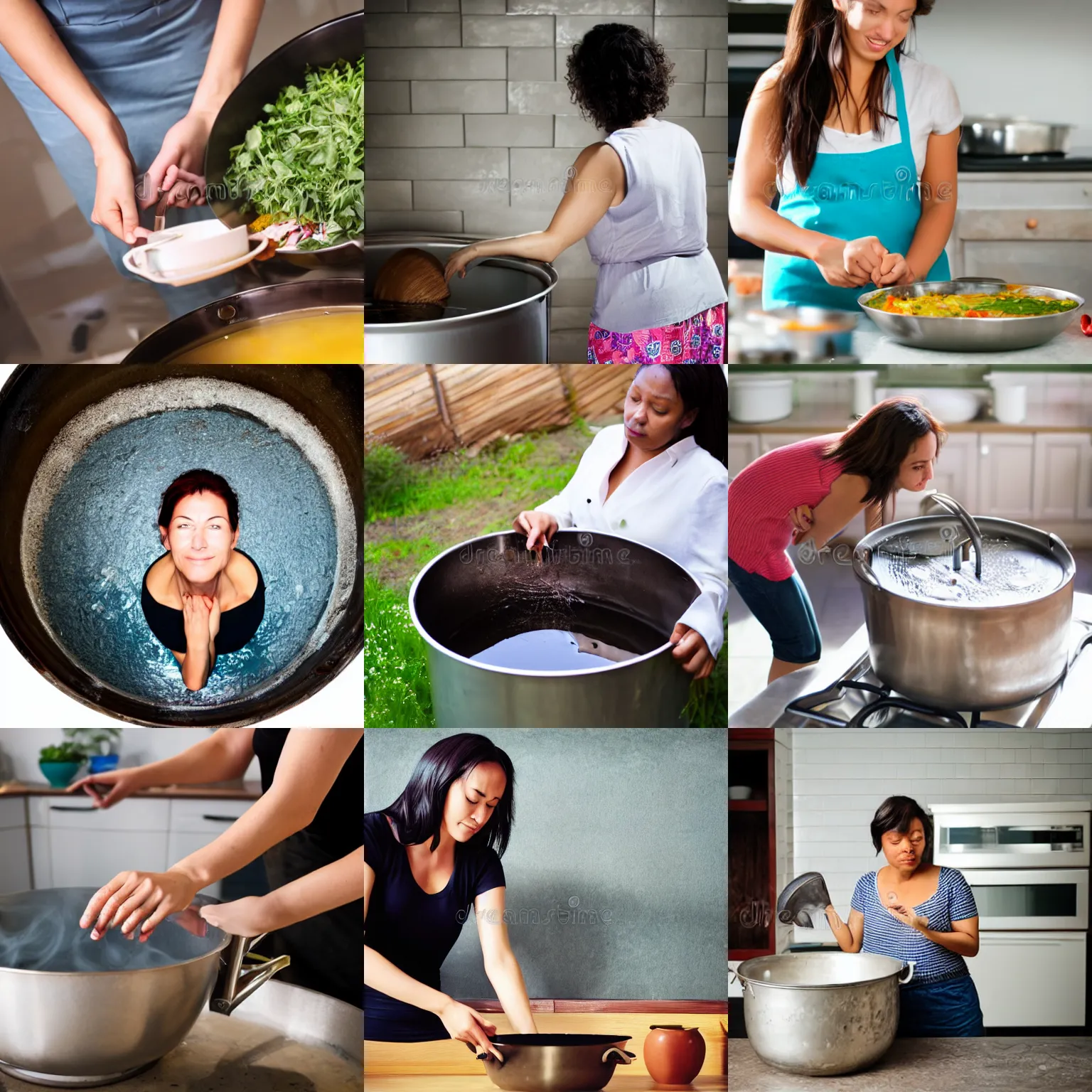 Prompt: Photo stock of a woman immersed in a large cooking pot