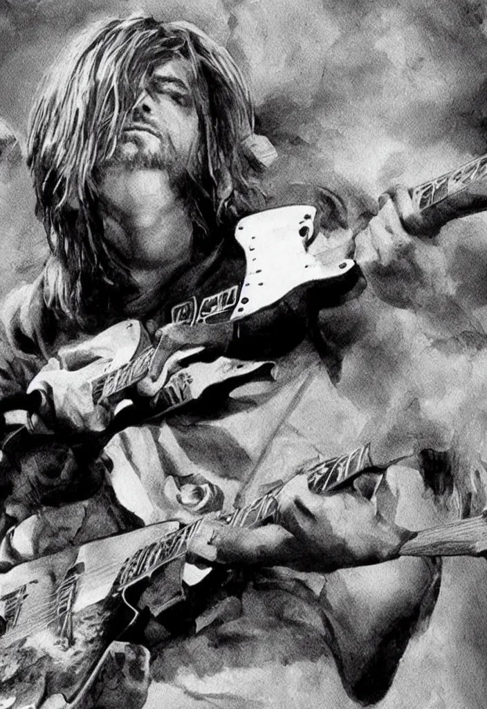 Prompt: Kurt Cobain playing the guitar, photorealistic, detailed, 4K