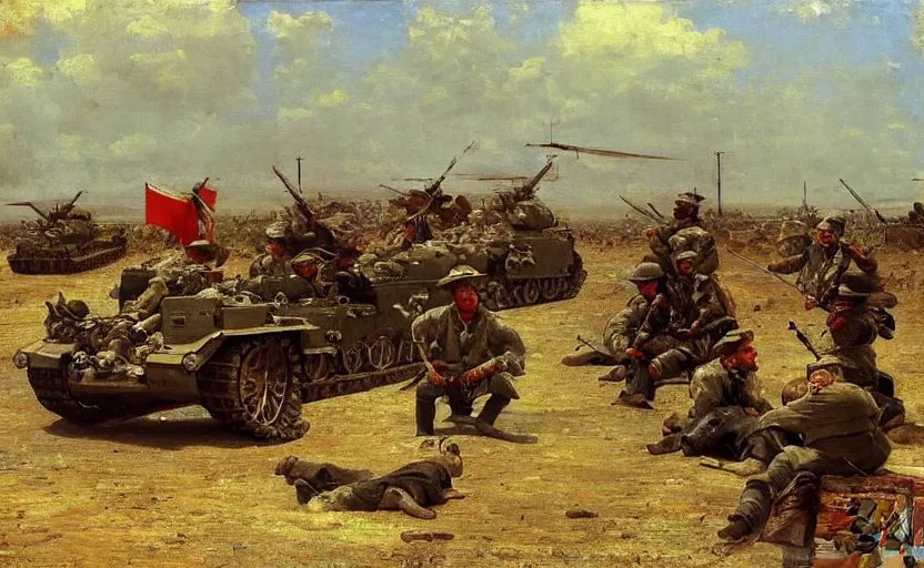 Prompt: high quality high detail painting by ilya repin, soldiers and tanks and choppers, hd