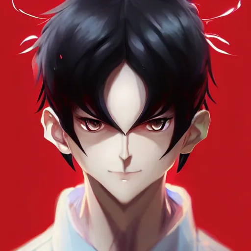 Prompt: anime portrait of a slick black hair guy with red eyes and fox ears by stanley artgerm lau, wlop, rossdraws, james jean, andrei riabovitchev, marc simonetti, and sakimichan, trending on artstation