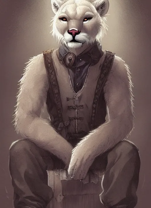 Prompt: beautiful portrait commission of a male furry anthro albino mountain lion with dark brown eyes wearing old-timey miner's clothes in an old saloon. Atmospheric. Character design by charlie bowater, ross tran, artgerm, and makoto shinkai, detailed, inked, western comic book art