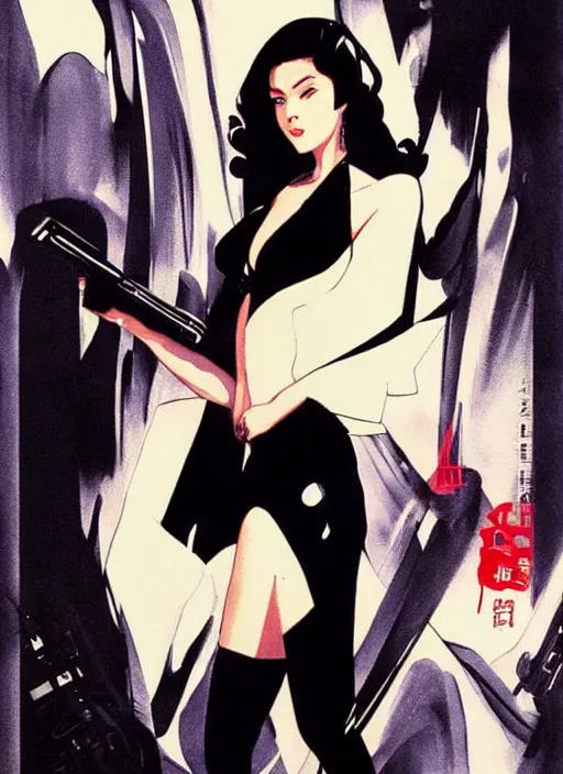 Image similar to Sui He as a Bond Girl in a Retro futuristic James Bond movie poster in style of anime, cinematic, realism, Greg rutkowski, 1990s