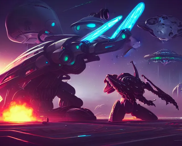 Prompt: artgerm, artstation, massive science fiction battlefield, mech machines firing bullets at big bug aliens, people in space armor shooting neon lasers, destroyed buildings in the background, zerg StarCraft