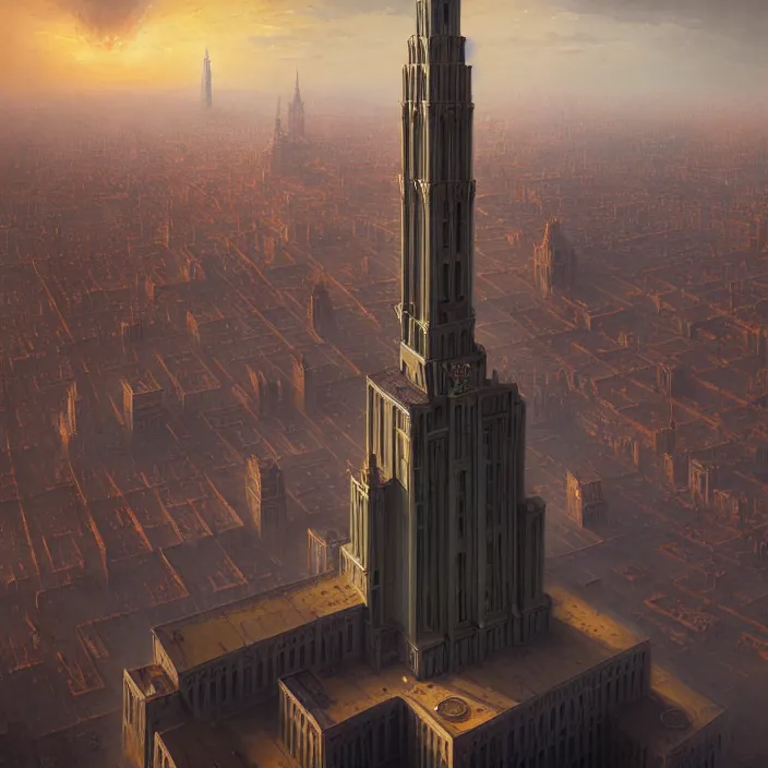 Image similar to matte painting by marc simonetti, jonathan solter, greg rutkowski of a moscow state university building, masterpiece, cinematic, hyperdetailed, photorealistic, hyperrealism, architecture, aerial view,