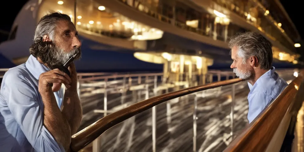 Prompt: a sad man leaning against the guardrail on a cruise ship smoking a cigarette at midnight