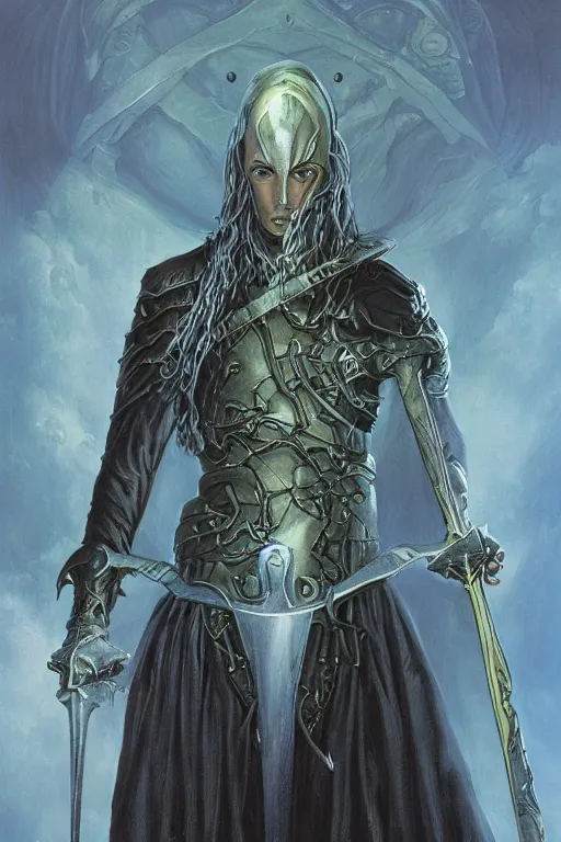 Image similar to Elric of Melnibone portrait by Michael Whelan, cover art