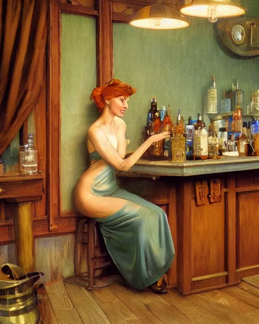 Image similar to a beautiful barmaid, dimly lit cozy tavern, relaxed pose, fantasy, art deco, detailed painterly digital art style by Francis Bacon, 😍 , 8k octane beautifully detailed render, post-processing, extremely hyperdetailed, in the style of Francis Bacon and Syd Mead and Edward Hopper and Norman Rockwell and Beksinski, open ceiling, highly detailed, painted by Francis Bacon, painted by James Gilleard, surrealism, airbrush, Ilya Kuvshinov, WLOP, Stanley Artgerm, very coherent, art by Takato Yamamoto and James Jean