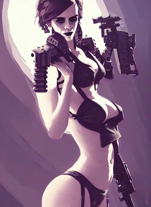 Image similar to portrait of cute goth emma watson in cyber bikini armor, warhammer, cyberpunk, by atey ghailan, by greg rutkowski, by greg tocchini, by james gilleard, by joe fenton, by kaethe butcher, by gustav klimt, dynamic lighting, gradient light blue, brown, blonde cream and white color in scheme, grunge aesthetic