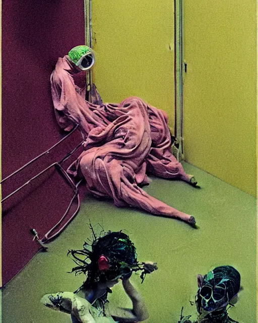 Prompt: Two figures draped in silky green, pink And gold, wearing gas masks sharing an oxygen tank which is on fire, inside a decayed hospital room with garbage in floor, in the style of Francis Bacon, Esao Andrews, Zdzisław Beksiński, Edward Hopper, surrealism, art by Takato Yamamoto and James Jean