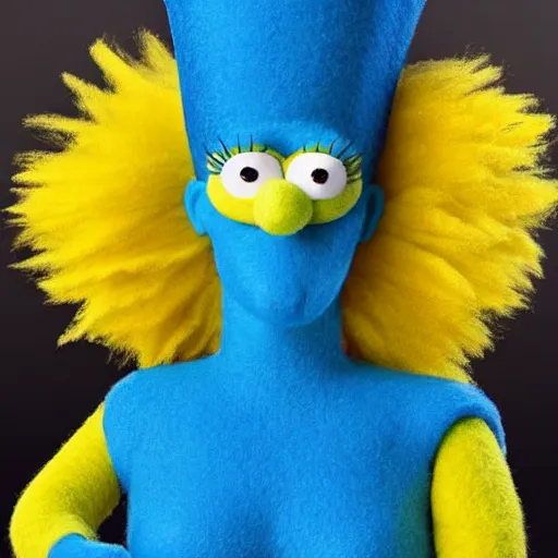 Image similar to marge simpson as a muppet blue hair, yellow skin, green dress. highly detailed felt. hyper real photo. 4 k.