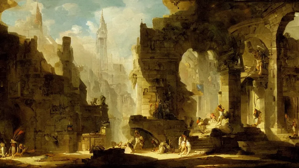 Image similar to a painting in the style of hubert robert.