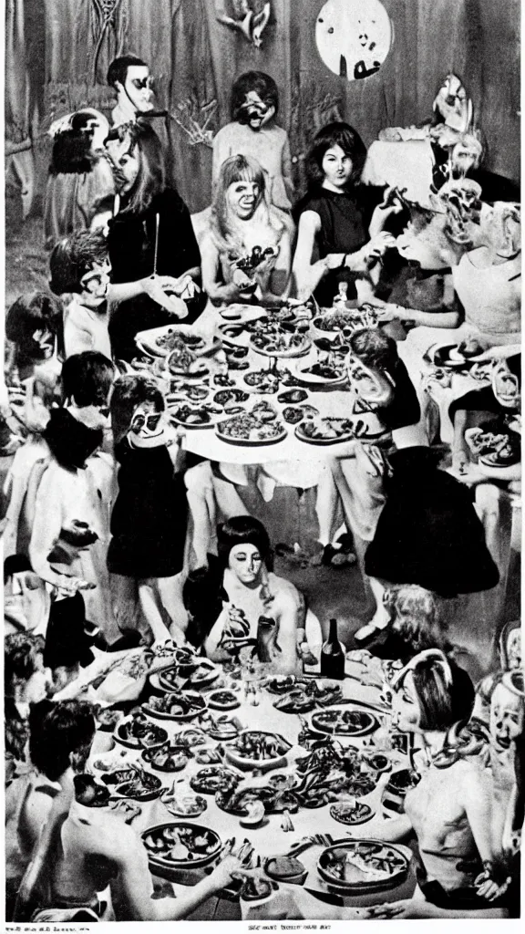 Prompt: occult satanic food ritual, 1 9 6 0 s food magazine photo