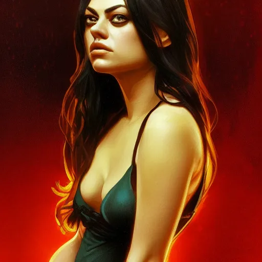 Prompt: a closeup portrait of a young mila kunis, femme fatale, gorgeous view, night, film noir, eerie, high detail, sharp, masterpiece by artgerm and greg rutkowski and alphonse mucha, digital art, trending on artstation