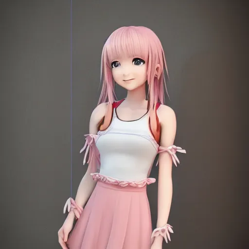 Image similar to Render of Nikki from Shining Nikki Dress-Up Game, a cute 3D anime young woman, long light pink hair, full bangs, full round face, hazel amber eyes, pale skin, Chinese heritage, smiling softly, wearing casual clothing, interior lighting, cozy home background, medium shot, mid-shot, hyperdetailed, trending on Artstation, Unreal Engine 4k