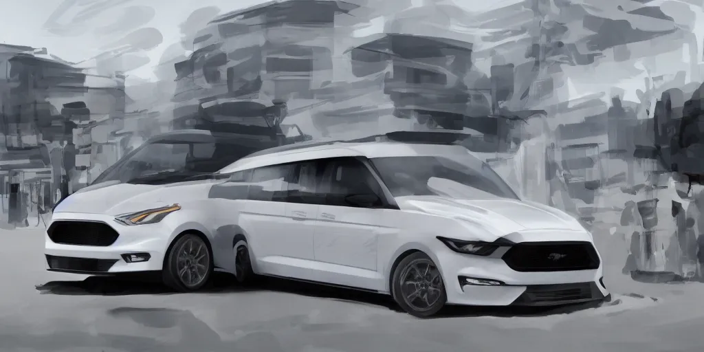 Image similar to a white van with Ford Mustang GT 2021 front design. No background, concept art style.